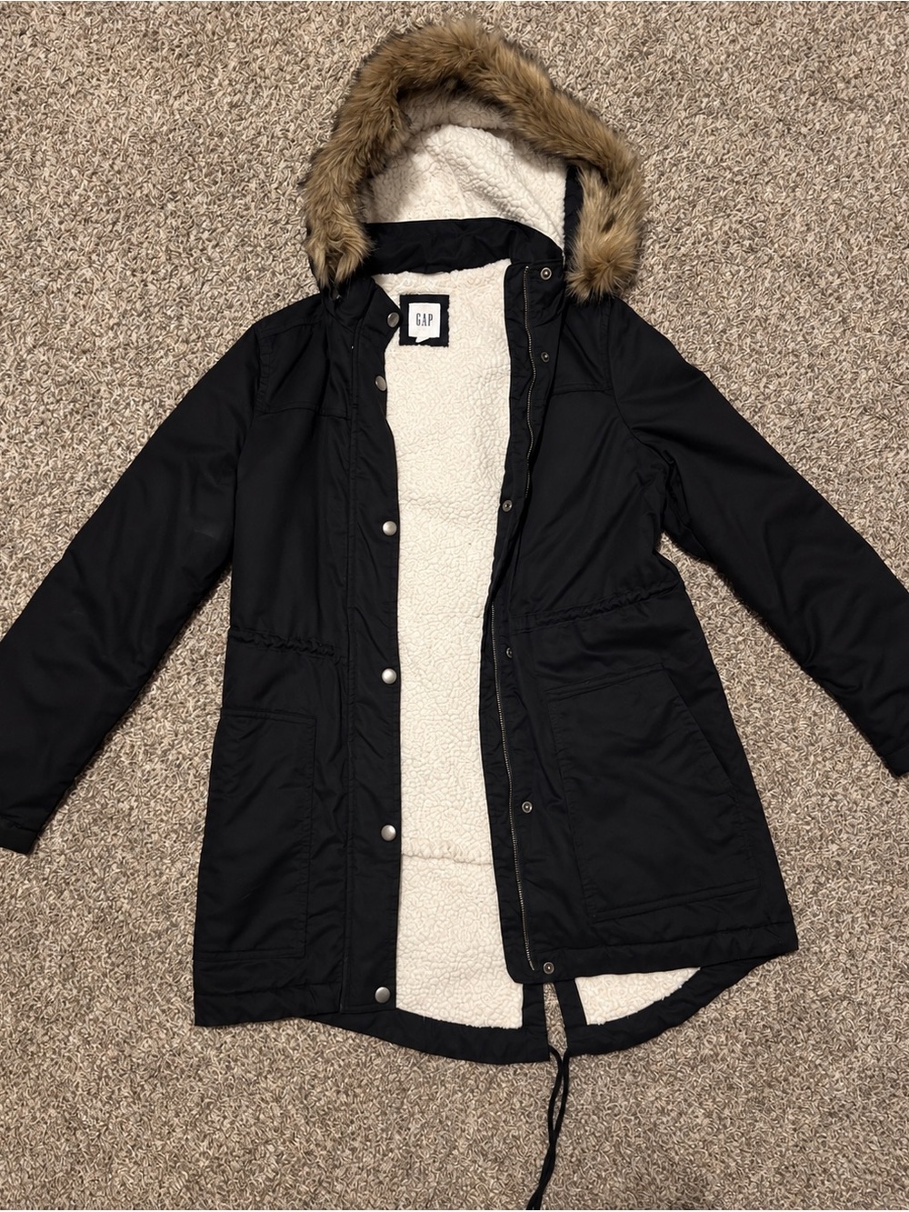 GAP Black Womens Faux-Fur Trim Sherpa-Lined Puffer Parka
